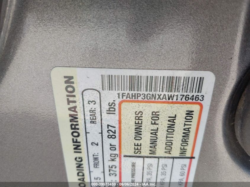 2010 Ford Focus Ses VIN: 1FAHP3GNXAW176463 Lot: 39573459