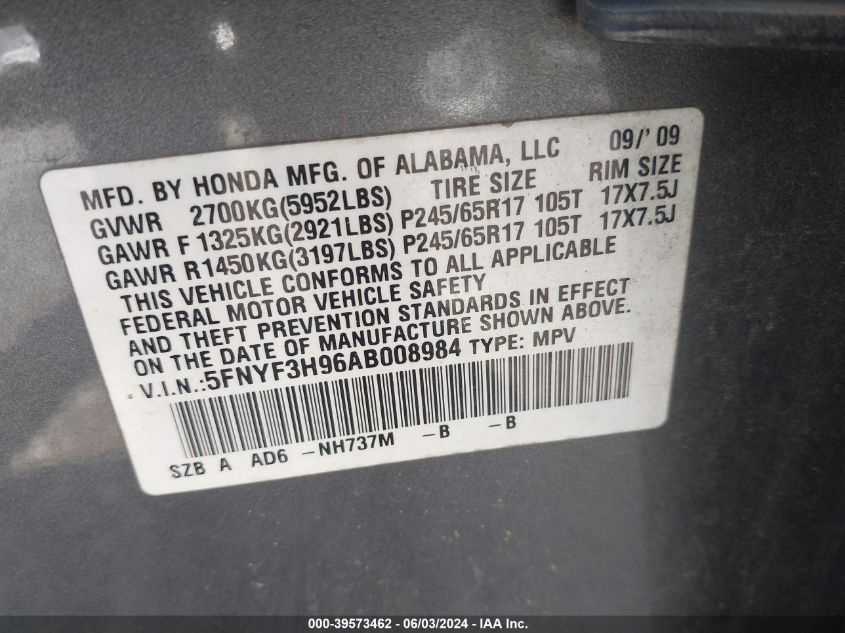2010 Honda Pilot Touring VIN: 5FNYF3H96AB008984 Lot: 39573462