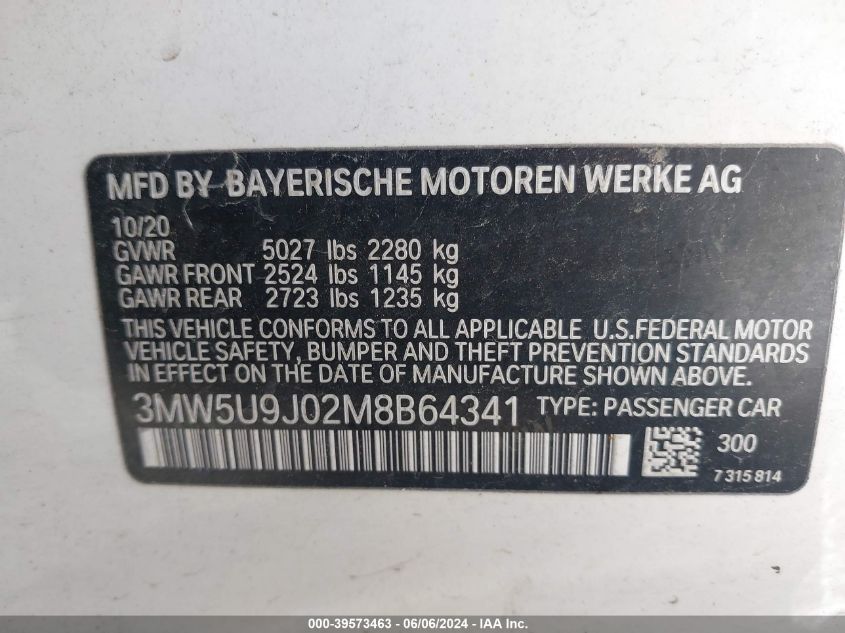 2021 BMW 3 Series M340I xDrive VIN: 3MW5U9J02M8B64341 Lot: 39573463