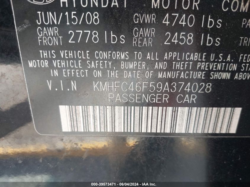 2009 Hyundai Azera Se/Limited VIN: KMHFC46F59A374028 Lot: 39573471