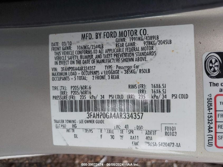 2010 Ford Fusion S VIN: 3FAHP0GA4AR334357 Lot: 39573474