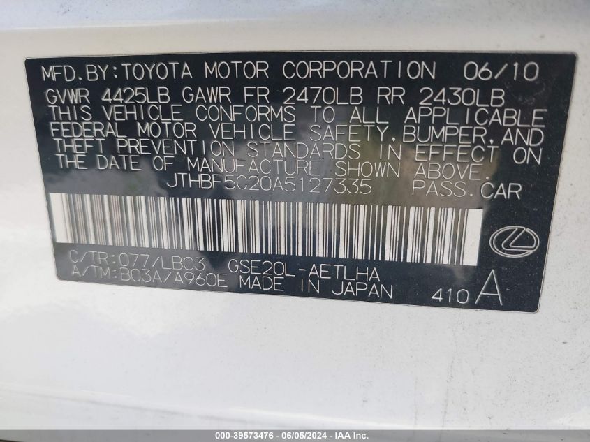 2010 Lexus Is 250 VIN: JTHBF5C20A5127335 Lot: 39573476