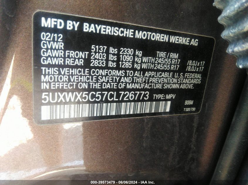 2012 BMW X3 xDrive28I VIN: 5UXWX5C57CL726773 Lot: 39573479