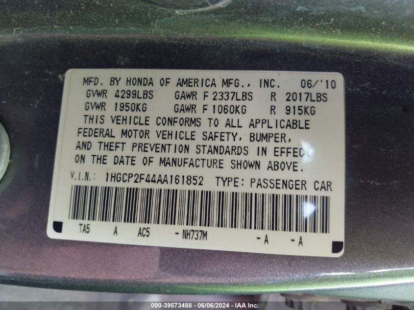 2010 Honda Accord 2.4 Lx-P VIN: 1HGCP2F44AA161852 Lot: 39573488