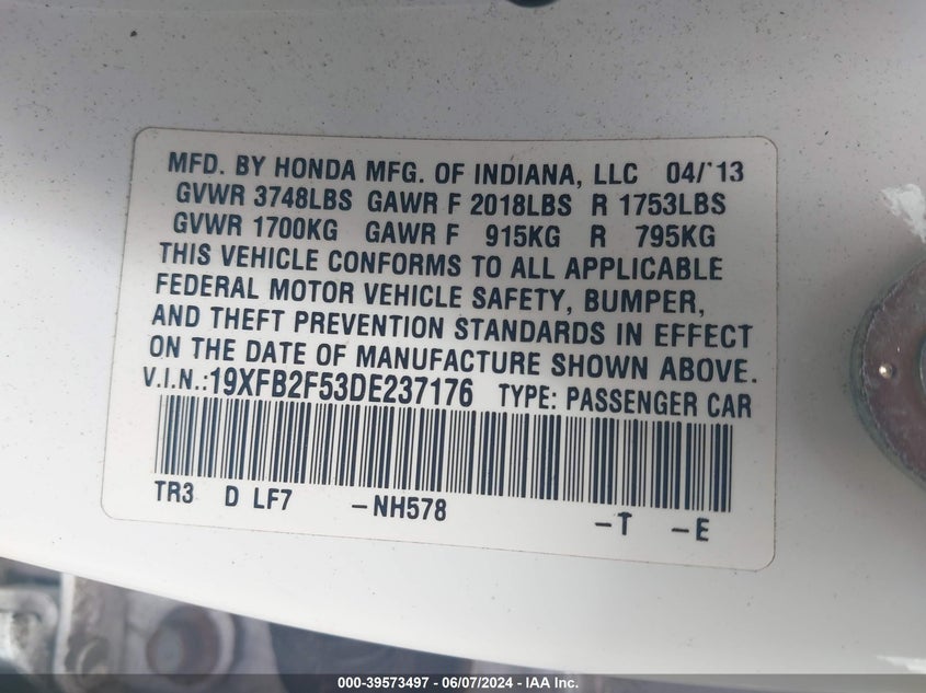 2013 Honda Civic Lx VIN: 19XFB2F53DE237176 Lot: 39573497