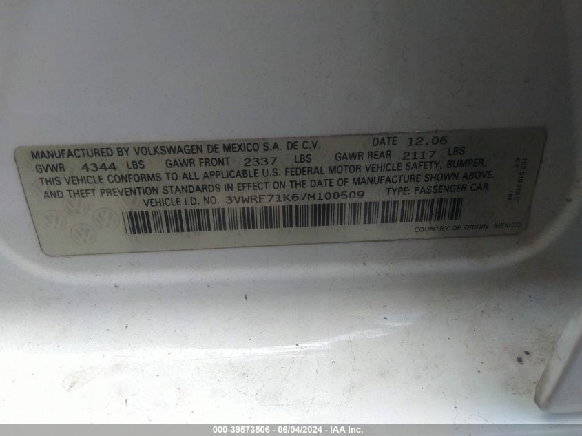 2007 Volkswagen Jetta 2.5 VIN: 3VWRF71K67M100509 Lot: 39573506