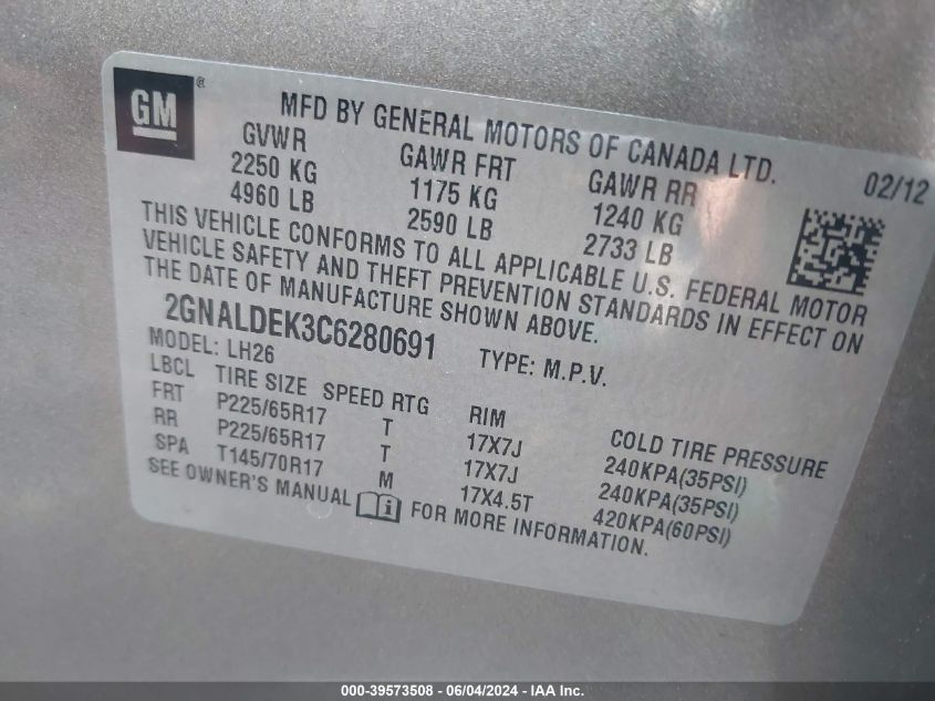 2012 Chevrolet Equinox 1Lt VIN: 2GNALDEK3C6280691 Lot: 39573508