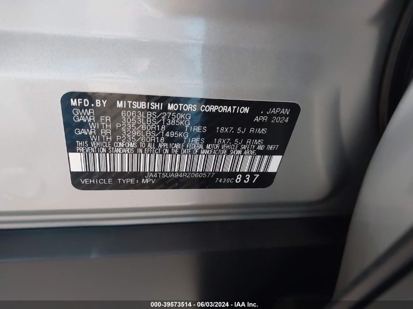 2024 Mitsubishi Outlander Phev Es S-Awc VIN: JA4T5UA94RZ060577 Lot: 39573514