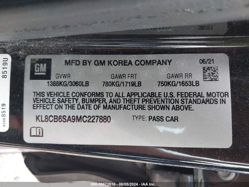 2021 Chevrolet Spark Fwd Ls Automatic VIN: KL8CB6SA9MC227880 Lot: 39573516