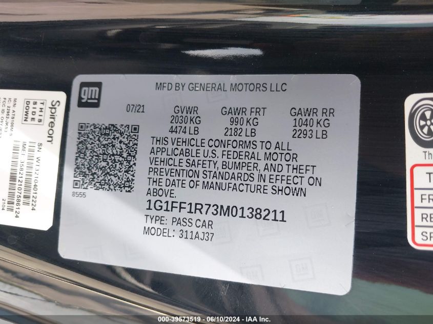 2021 Chevrolet Camaro Rwd Lt1 VIN: 1G1FF1R73M0138211 Lot: 39573519