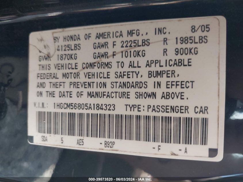 2005 Honda Accord 2.4 Ex VIN: 1HGCM56805A184323 Lot: 39573520