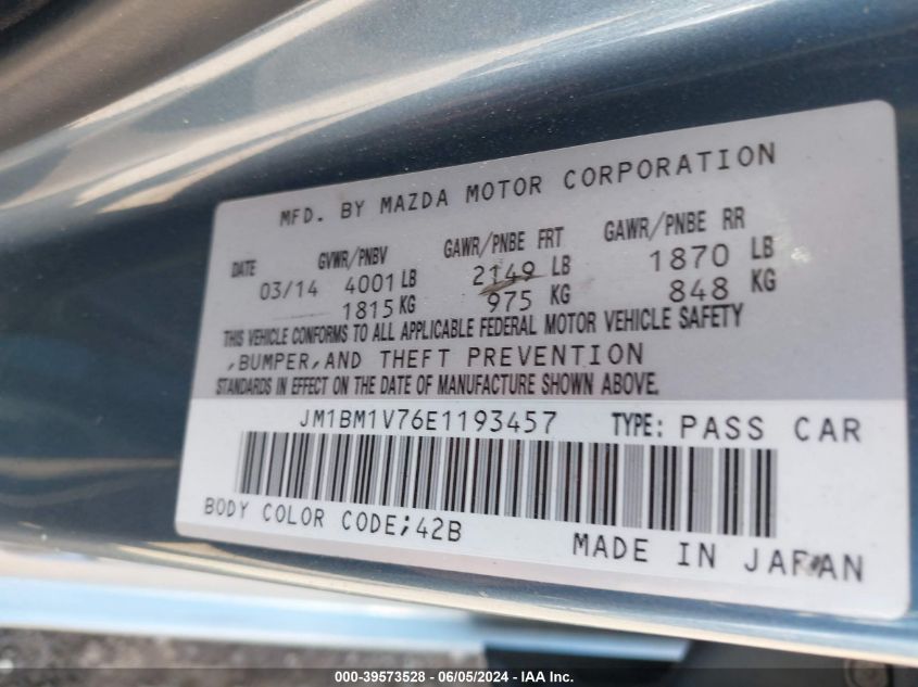 2014 Mazda Mazda3 I Touring VIN: JM1BM1V76E1193457 Lot: 39573528