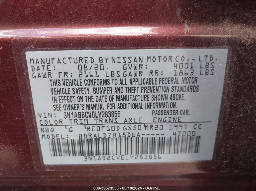 2020 Nissan Sentra Sv Xtronic Cvt VIN: 3N1AB8CV0LY283856 Lot: 39573533