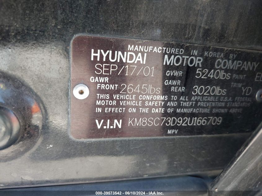 2002 Hyundai Santa Fe Gls/Lx VIN: KM8SC73D92U166709 Lot: 39573542