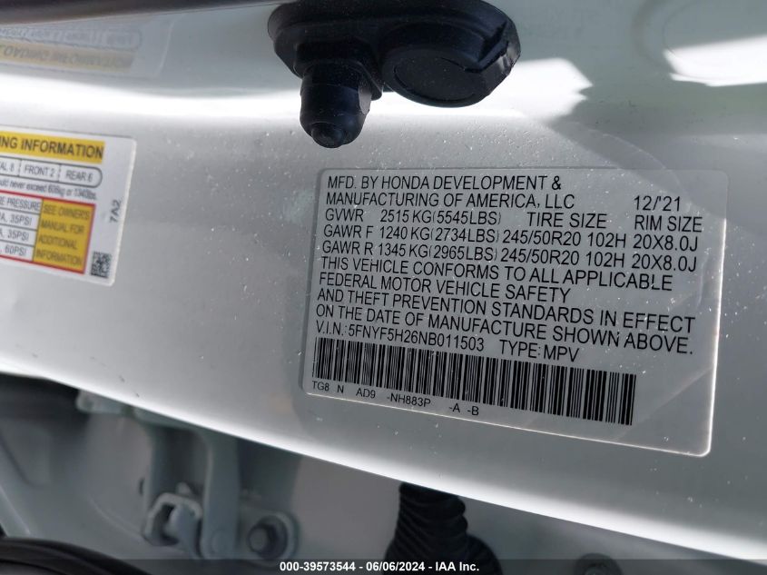 2022 Honda Pilot 2Wd Special Edition VIN: 5FNYF5H26NB011503 Lot: 39573544