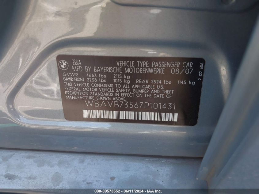 2007 BMW 335I VIN: WBAVB73567P101431 Lot: 39573552