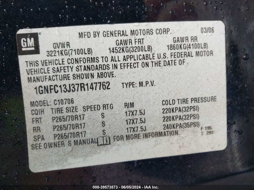 2007 Chevrolet Tahoe Ls VIN: 1GNFC13J37R147762 Lot: 39573573