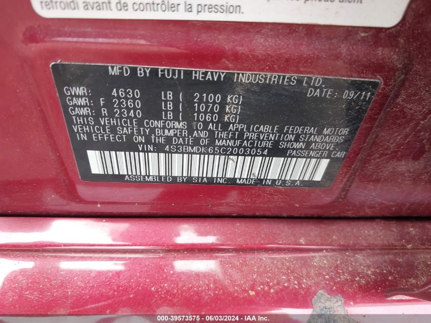 2012 Subaru Legacy 3.6R Limited VIN: 4S3BMDK65C2003054 Lot: 39573575