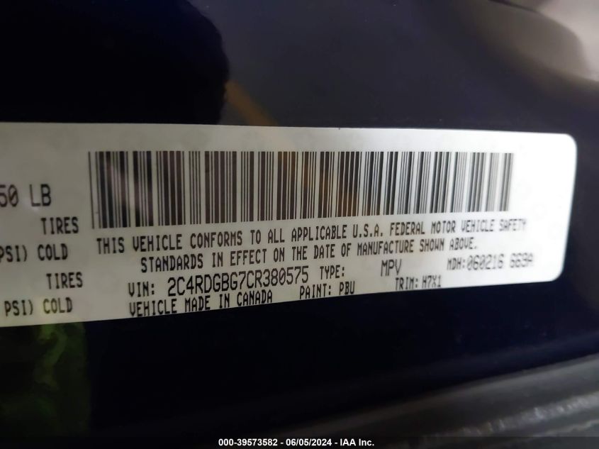 2012 Dodge Grand Caravan Se/Avp VIN: 2C4RDGBG7CR380575 Lot: 39573582