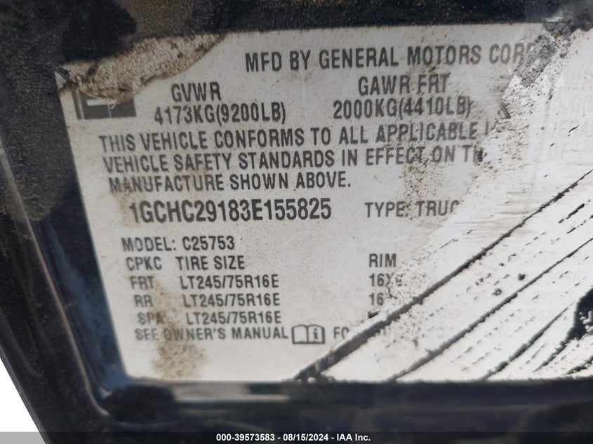 2003 Chevrolet Silverado 2500Hd C2500 Heavy Duty VIN: 1GCHC29183E155825 Lot: 39573583
