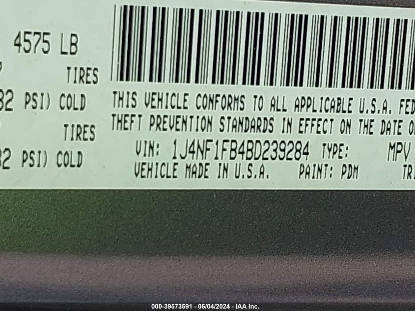 2011 Jeep Compass VIN: 1J4NF1FB4BD239284 Lot: 39573591