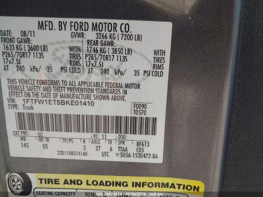 2011 Ford F-150 Xlt VIN: 1FTFW1ET5BKE01410 Lot: 39573624