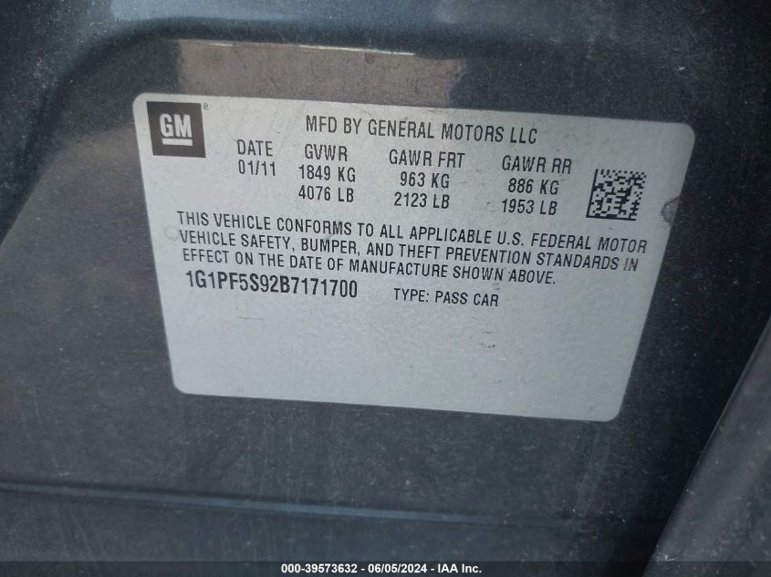 2011 Chevrolet Cruze 1Lt VIN: 1G1PF5S92B7171700 Lot: 39573632