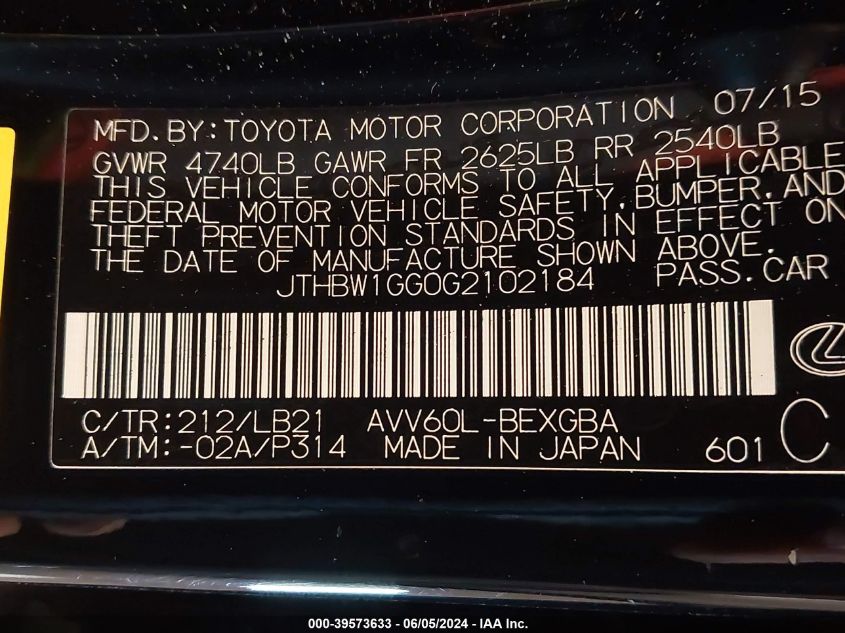 2016 Lexus Es 300H VIN: JTHBW1GG0G2102184 Lot: 39573633