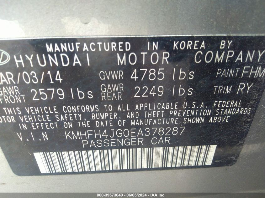 KMHFH4JG0EA378287 2014 Hyundai Azera Limited