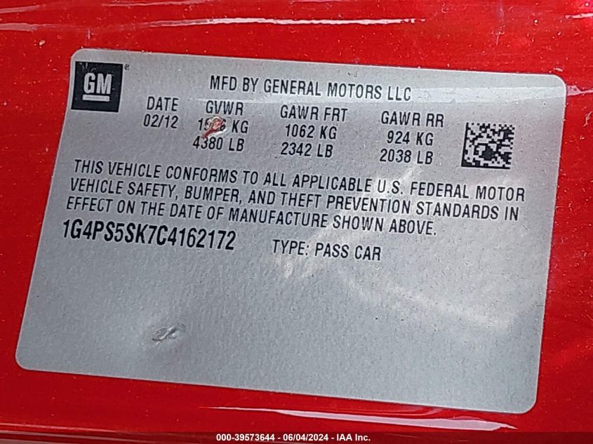 2012 Buick Verano Leather Group VIN: 1G4PS5SK7C4162172 Lot: 39573644