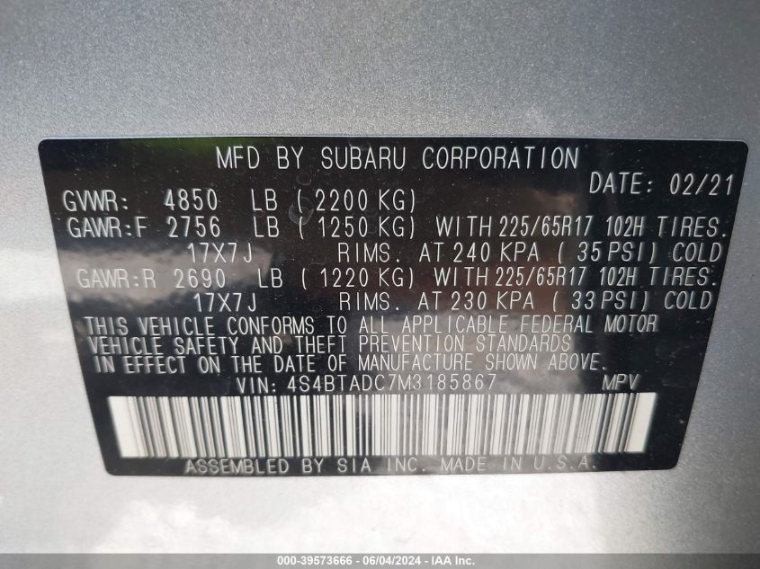 2021 Subaru Outback Premium VIN: 4S4BTADC7M3185867 Lot: 39573666