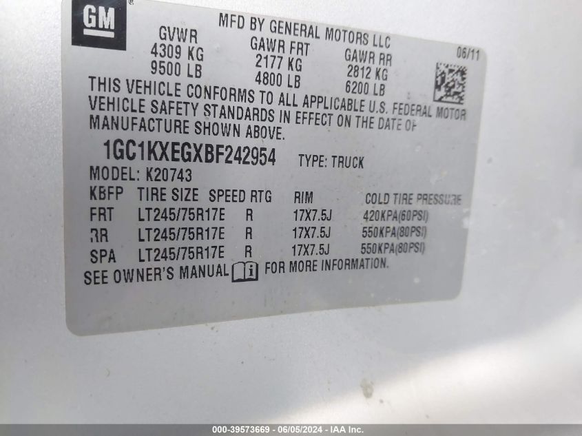 2011 Chevrolet Silverado K2500 Heavy Duty Lt VIN: 1GC1KXEGXBF242954 Lot: 39573669