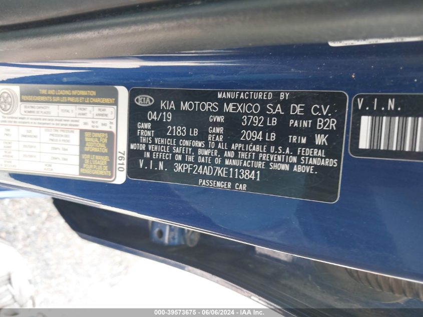 2019 Kia Forte Lxs VIN: 3KPF24AD7KE113841 Lot: 39573675