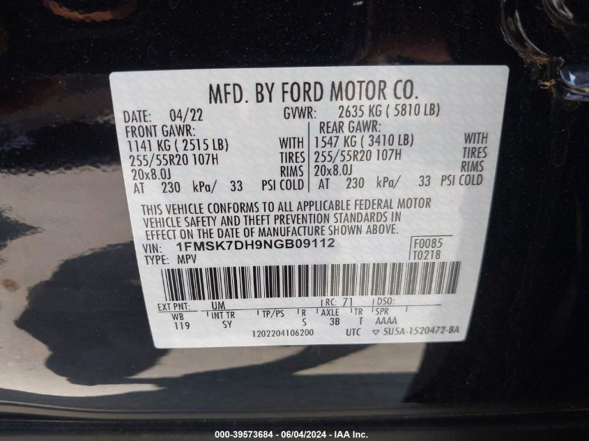 2022 Ford Explorer Xlt VIN: 1FMSK7DH9NGB09112 Lot: 39573684