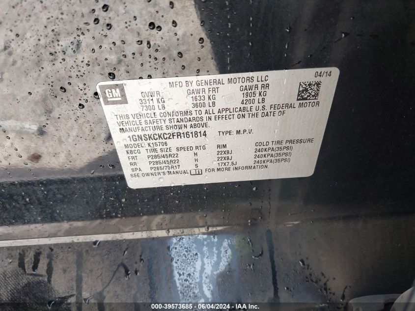 2015 Chevrolet Tahoe Ltz VIN: 1GNSKCKC2FR161814 Lot: 39573685