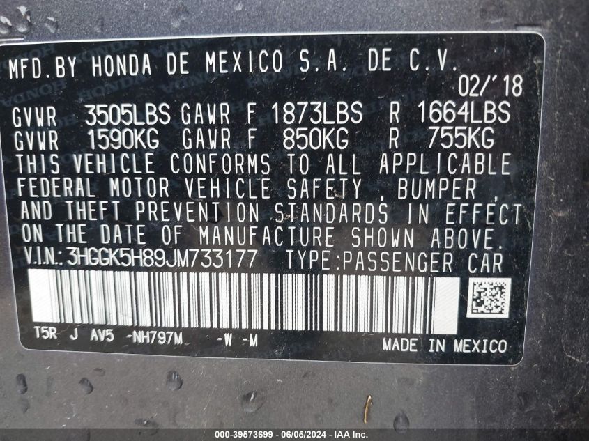 2018 Honda Fit Ex VIN: 3HGGK5H89JM733177 Lot: 39573699
