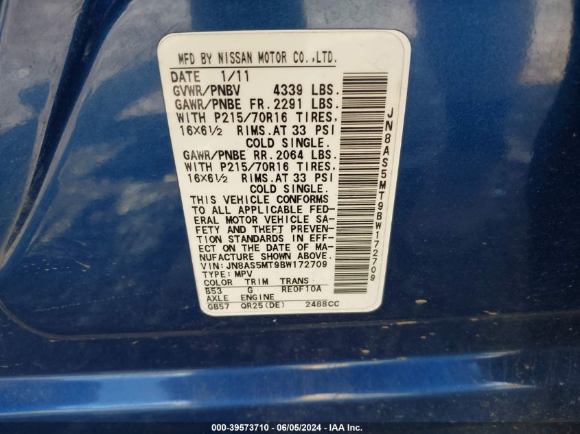 2011 Nissan Rogue S VIN: JN8AS5MT9BW172709 Lot: 39573710