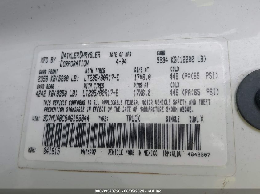 2004 Dodge Ram 3500 Slt/Laramie VIN: 3D7MU48C94G199844 Lot: 39573720