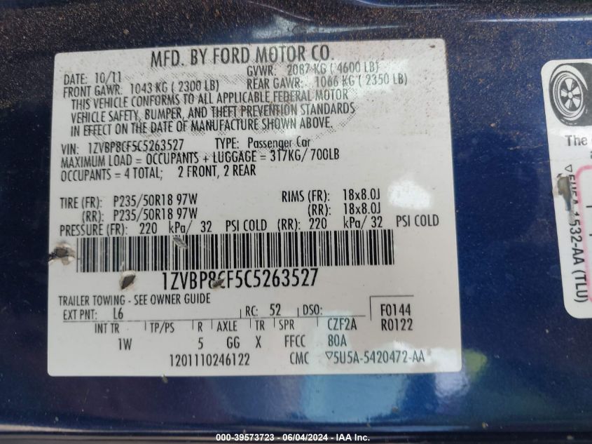 2012 Ford Mustang Gt VIN: 1ZVBP8CF5C5263527 Lot: 39573723