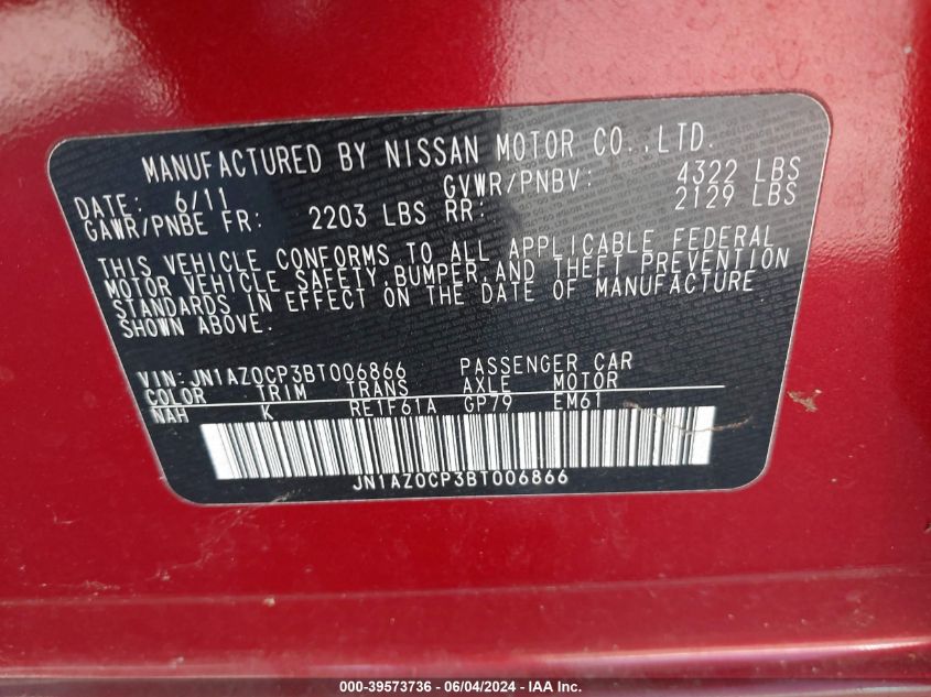 2011 Nissan Leaf Sl VIN: JN1AZ0CP3BT006866 Lot: 39573736