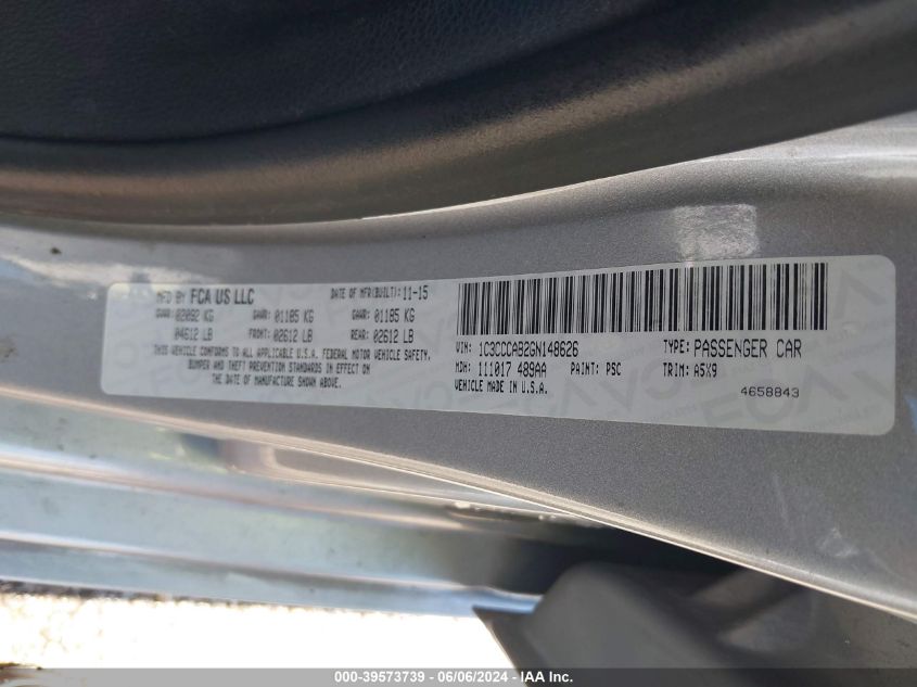 2016 Chrysler 200 Limited VIN: 1C3CCCAB2GN148626 Lot: 39573739