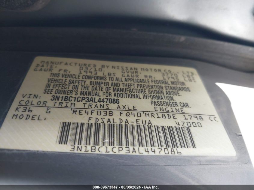 2010 Nissan Versa 1.8S VIN: 3N1BC1CP3AL447086 Lot: 39573747