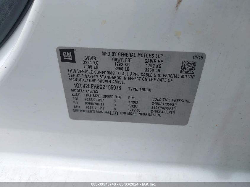 2016 GMC Sierra 1500 VIN: 1GTV2LEH8GZ106976 Lot: 39573748
