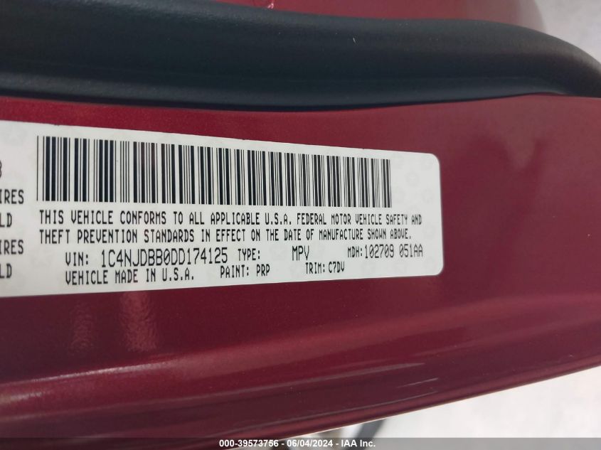 2013 Jeep Compass Sport VIN: 1C4NJDBB0DD174125 Lot: 39573756