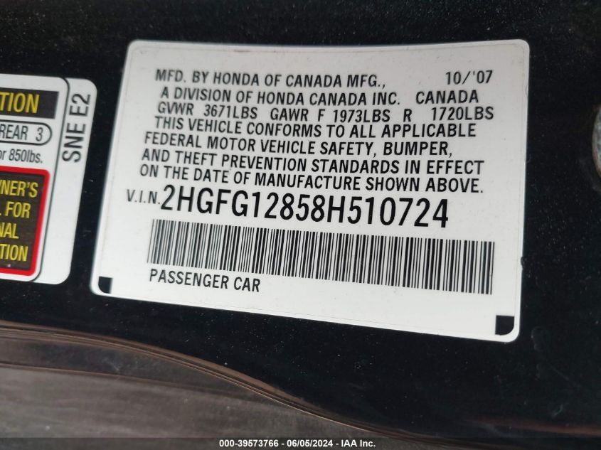 2008 Honda Civic Ex VIN: 2HGFG12858H510724 Lot: 39573766
