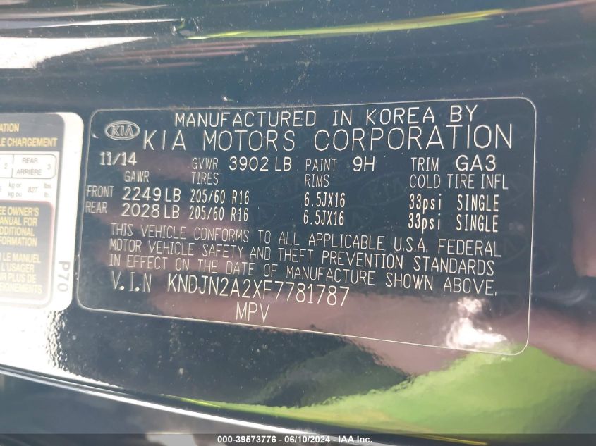 2015 Kia Soul VIN: KNDJN2A2XF7781787 Lot: 39573776