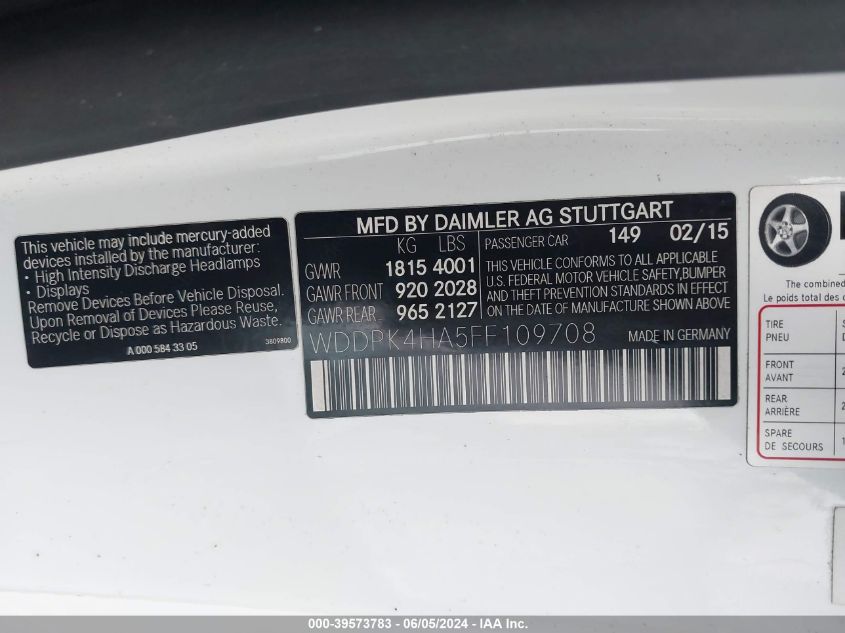 2015 Mercedes-Benz Slk 250 VIN: WDDPK4HA5FF109708 Lot: 39573783