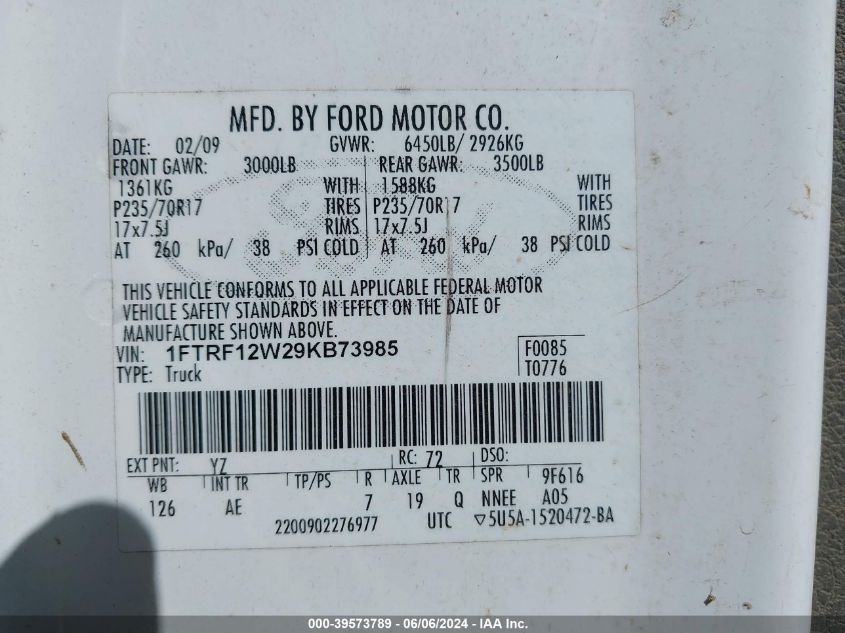 2009 Ford F-150 Stx/Xl/Xlt VIN: 1FTRF12W29KB73985 Lot: 39573789