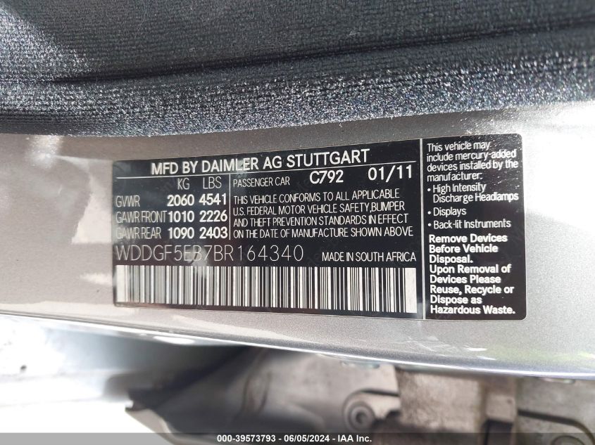 2011 Mercedes-Benz C 300 Luxury/Sport VIN: WDDGF5EB7BR164340 Lot: 39573793