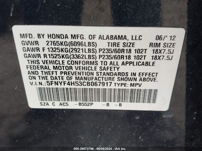 2012 Honda Pilot Ex-L VIN: 5FNYF4H53CB067917 Lot: 39573796